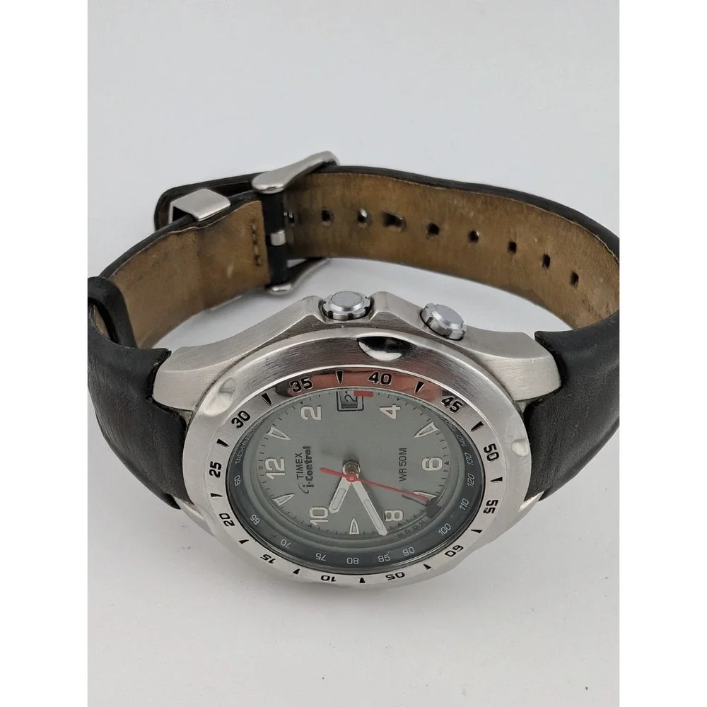 Timex I-Control Indiglo Tachymeter Watch Men 40mm Case Leather Band- New Battery